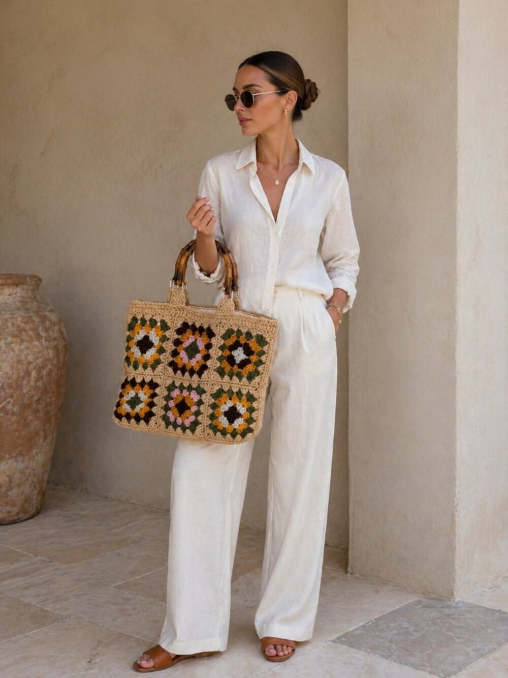 Boho Crochet Granny Square Tote w/ Bamboo Handles Colorful NWT - Picture 4 of 5